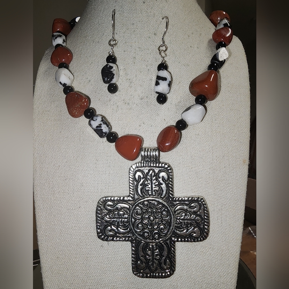 Artisan Red Jasper And Various Agate Stone & Cross Necklace and Earring Set